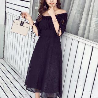 Off-shoulder Elbow-sleeve Chiffon Midi A-line Dress