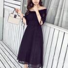 Off-shoulder Elbow-sleeve Chiffon Midi A-line Dress