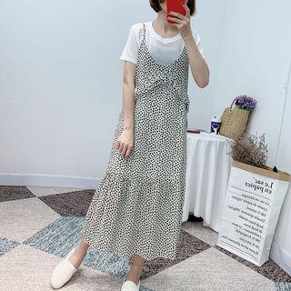 Set: Crew-neck Short-sleeve T-shirt + Leopard Pattern Spaghetti Strap Midi Dress