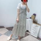 Set: Crew-neck Short-sleeve T-shirt + Leopard Pattern Spaghetti Strap Midi Dress