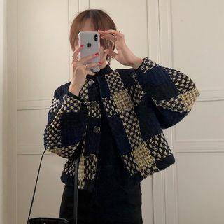 Plaid Button-up Cropped Jacket Black - One Size