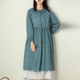 Long-sleeve Embroidered Drawstring-waist A-line Dress