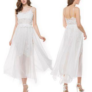 Floral Embroidered Spaghetti-strap Tie-waist Sheath Dress