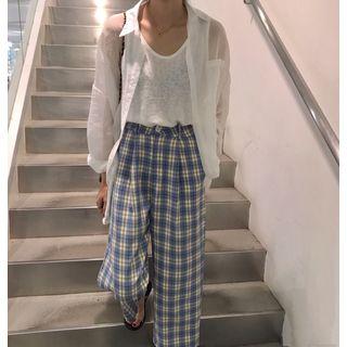Long-sleeve Sheer Shirt / Check Wide-leg Pants