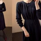 Round-neck Pleated-hem Knit Shirtdress With Sash Black - One Size