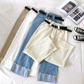 Plain High-waist Roll-up Jeans With Belt