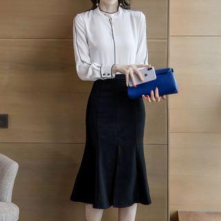 Set: Contrast Trim Blouse + High Waist Pencil Skirt