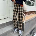 High-waist Plaid Straight Leg Pants Plaid - Beige - One Size
