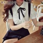 Short-sleeve Bow-accent Ruffle Check Blouse