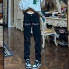 Letter Embroidered Distressed Straight Leg Jeans / Belt / Set