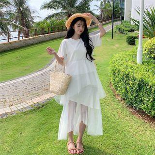 Sheer Panel Short-sleeve Tiered Midi Dress