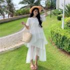 Sheer Panel Short-sleeve Tiered Midi Dress