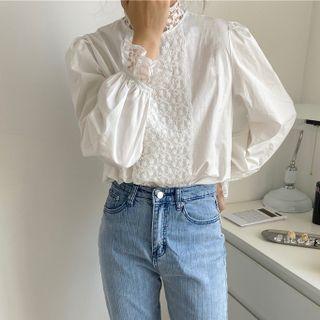 Long-sleeve Mock-neck Lace Panel Blouse White - One Size