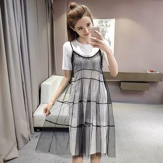 Set: Short-sleeve T-shirt Dress + Mesh Strappy Dress