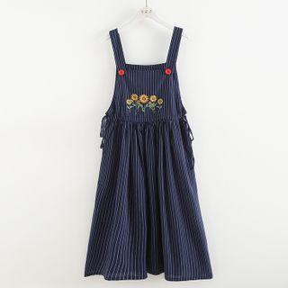 Floral Embroidered Striped Overall Dress Dark Blue - One Size