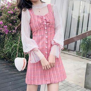 Set: Mock-neck Mesh Long-sleeve Top + Plaid Jumper Dress