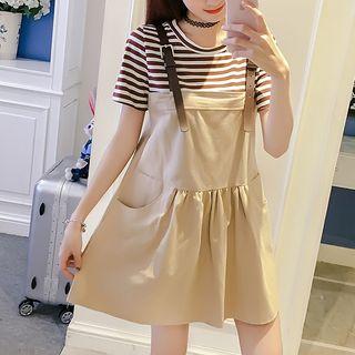 Set: Striped Short Sleeve T-shirt + Buckled Strap Pinafore Dress