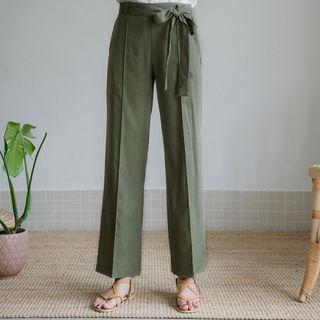 Band-waist Seam-front Pants With Sash