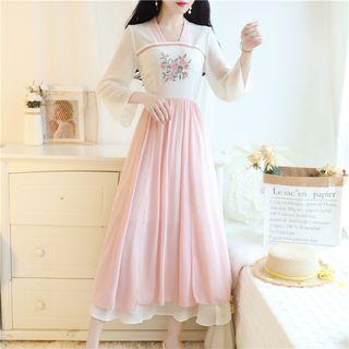 Bell-sleeve Chiffon Floral Embroidered Dress