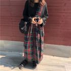 Long-sleeve T-shirt/ Single Strap Plaid Midi Suspender Skirt