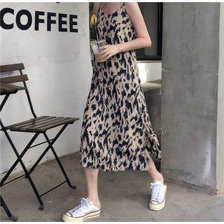 Sleeveless V-neck Leopard Midi Dress Almond - One Size