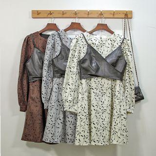 Set: Long-sleeve Leaf Print Mini A-line Dress + Cropped Camisole Top
