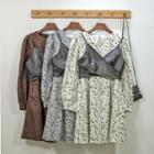 Set: Long-sleeve Leaf Print Mini A-line Dress + Cropped Camisole Top