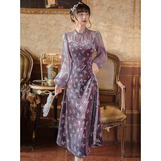 Puff-sleeve Butterfly Print Midi A-line Dress