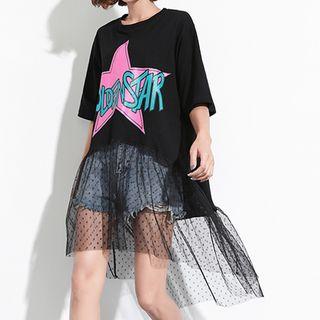 Short-sleeve Printed Sheer Panel T-shirt