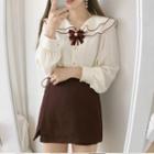 Contrast Trim Bow Long-sleeve Blouse / Mini A-line Skirt