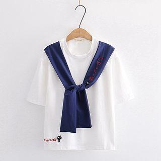 Mock Two-piece Cat Embroidered Elbow-sleeve T-shirt