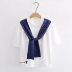 Mock Two-piece Cat Embroidered Elbow-sleeve T-shirt