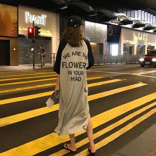 3/4-sleeve Lettering Long T-shirt As Shown In Figure - One Size