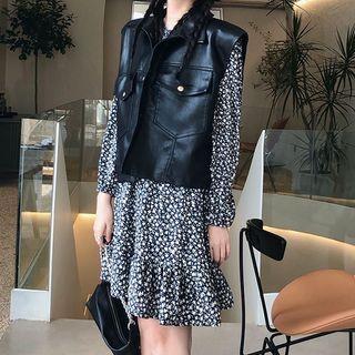 Printed Long-sleeve Shift Dress / Pocket Detail Vest