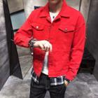 Mock Two-piece Plaid Panel Buttoned Denim Jacket