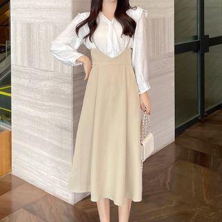 Set: Ruffled Blouse + Midi A-line Overall Dress