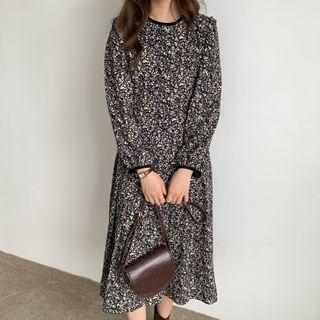 Puff-sleeve Floral Print Midi A-line Dress Black - One Size