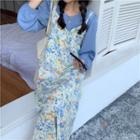 Long-sleeve Plain Top / Spaghetti Strap Floral Print Midi A-line Dress