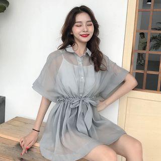 Set: Short-sleeve A-line Shirt Dress + Strappy Dress