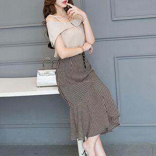 Set: Open Shoulder Chiffon Top + Stripe Midi Skirt