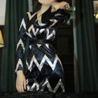 Wavy Striped Long-sleeve Sheath Midi Dress