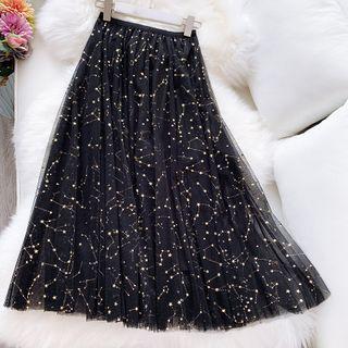 Star Sequin Mesh Maxi Skirt