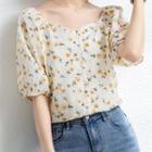 Puff Sleeve Square Neck Floral Print Chiffon Top
