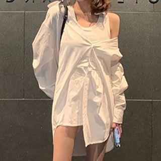 Mock Two Piece Mini A-line Shirt Dress