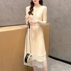 Mock-neck Lace Hem Knit Midi A-line Dress