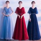 Mesh Elbow-sleeve Lace-up Back A-line Evening Gown