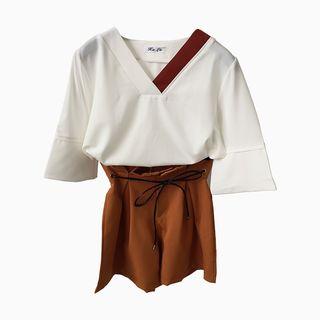 Set: Color Block V-neck 3/4-sleeve Top + Wide Leg Shorts