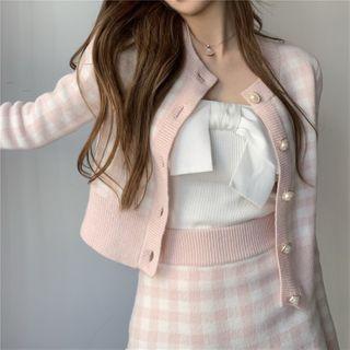 Plaid Cardigan / Mini Fitted Knit Skirt / Tube Top