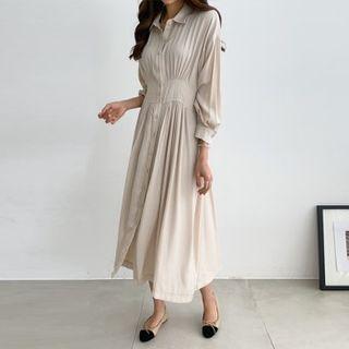 Drop-shoulder Shirred Shirtdress