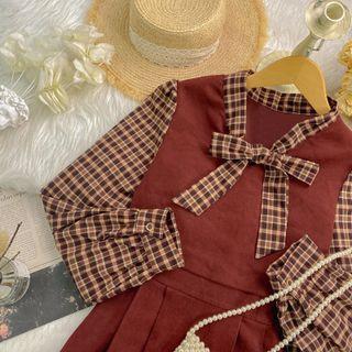 Mock Two-piece Long-sleeve Tie-neck Plaid Midi A-line Dress